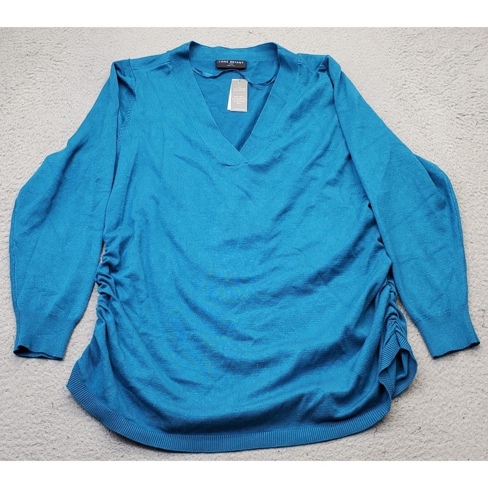 Lane Bryant Sweater Womens 22/24 Blue Sides Ruched Soft Knit Long Sleeve V-Neck